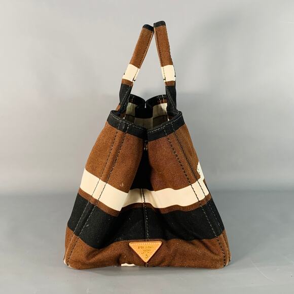 PRADA Canapa Brown Black White Stripe Canvas Open Top Tote Handbag - Picture 3 of 14